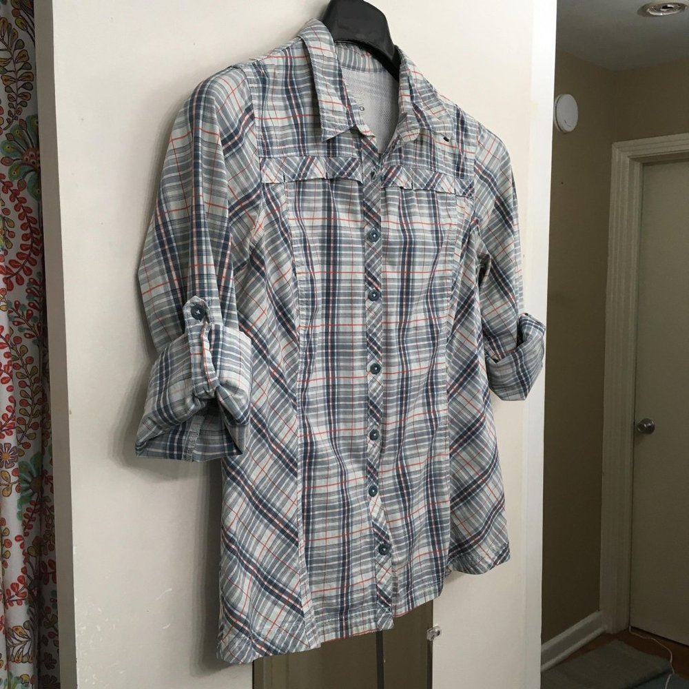 Columbia Sportswear Woman's Button Up Long Sleeve Plaid Top Size M, Blue, Orange